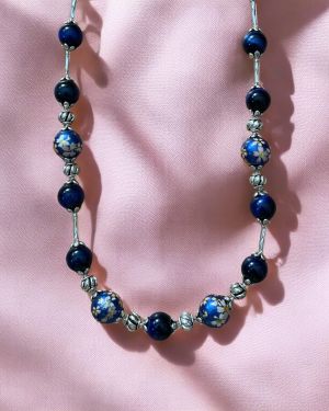 Dark Blue Floral Tiger’s Eye Necklace