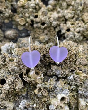 Purple Sea Glass Heart Earrings