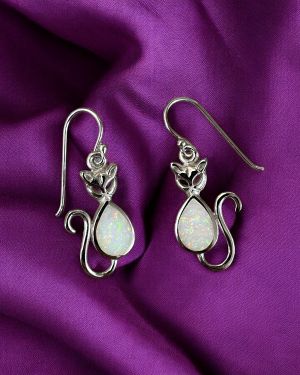 White Opal Cat Earrings