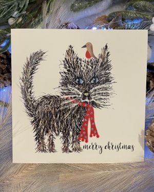 Festive Cat And Robin Christmas Card