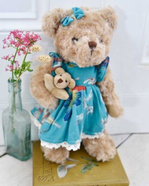 Teddy Bear In A Teal Exotic Print Dress